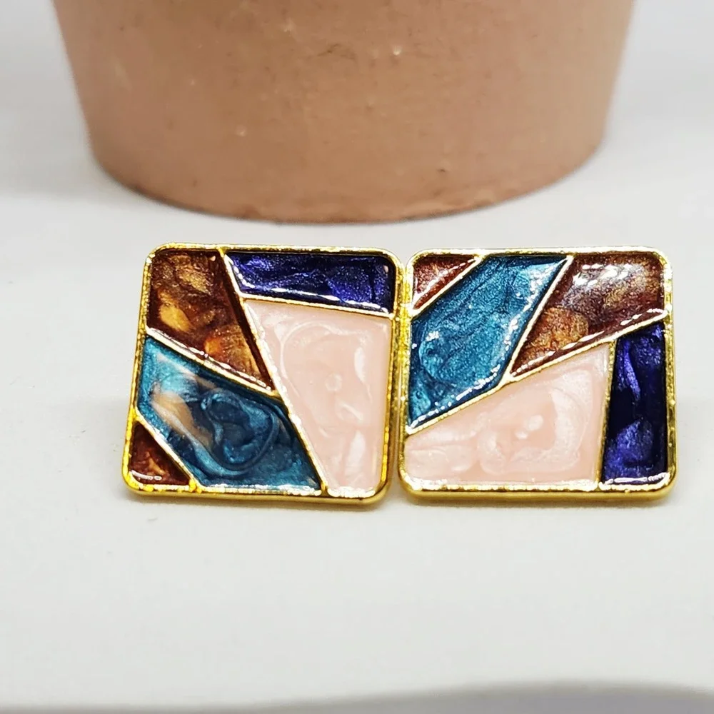 Multicolor Geometric Mosaic Enamel Stud Earrings Gold Tone Square Art Deco Style